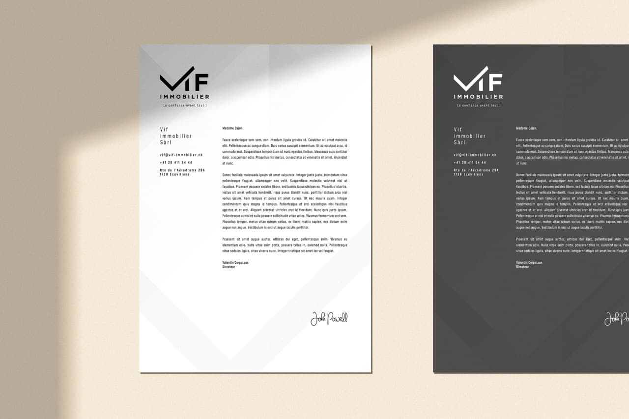 Graphisme pour la papeterie VIF Immobilier : Anorac Studio