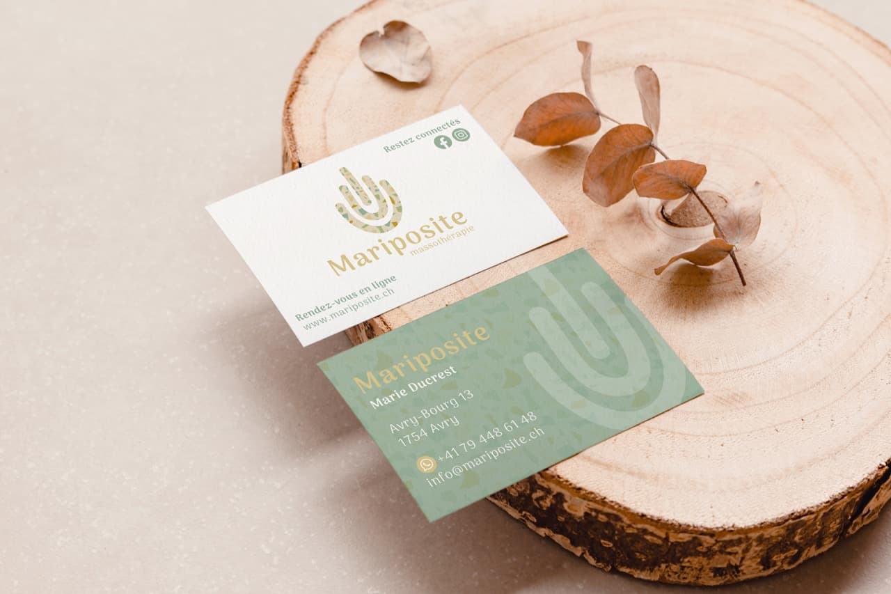 Carte de visite pour Mariposite Massotherapie : un projet design par Anorac Studio