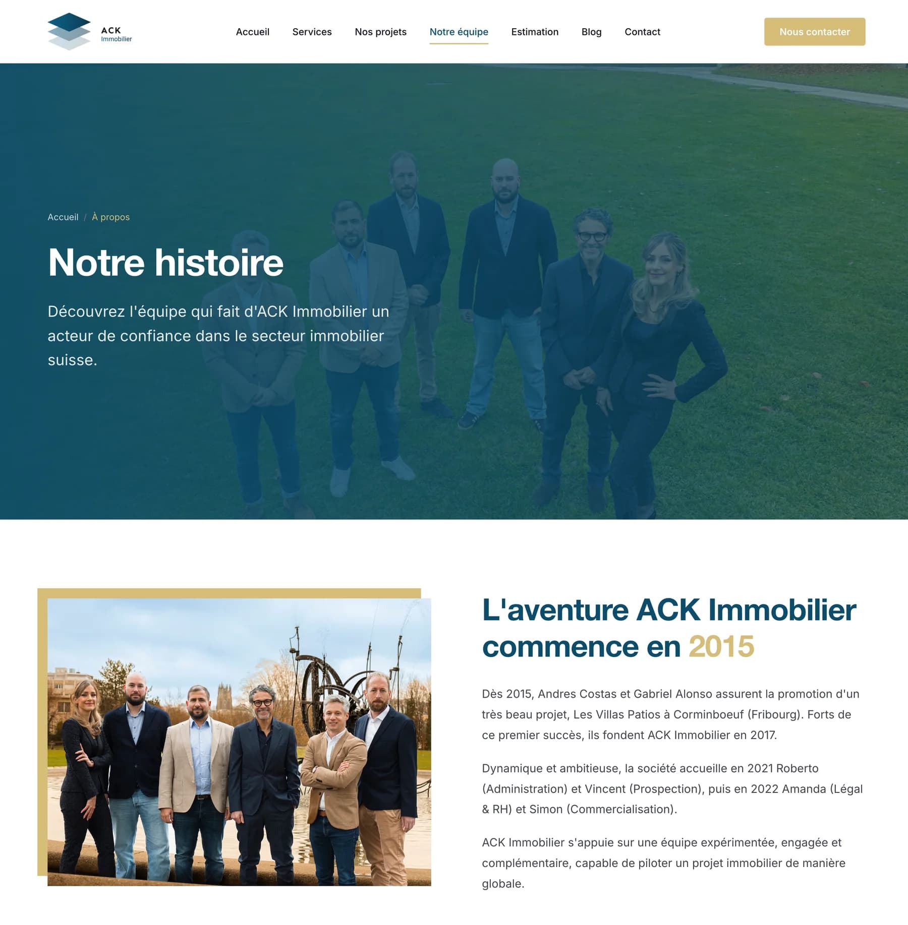 La page « Notre équipe » du site, avec la vue au drone et la photo de groupe