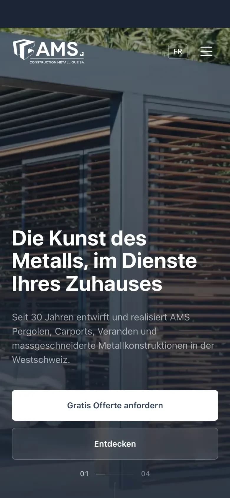 Page d’accueil d’ams-construction.ch en allemand, sur téléphone