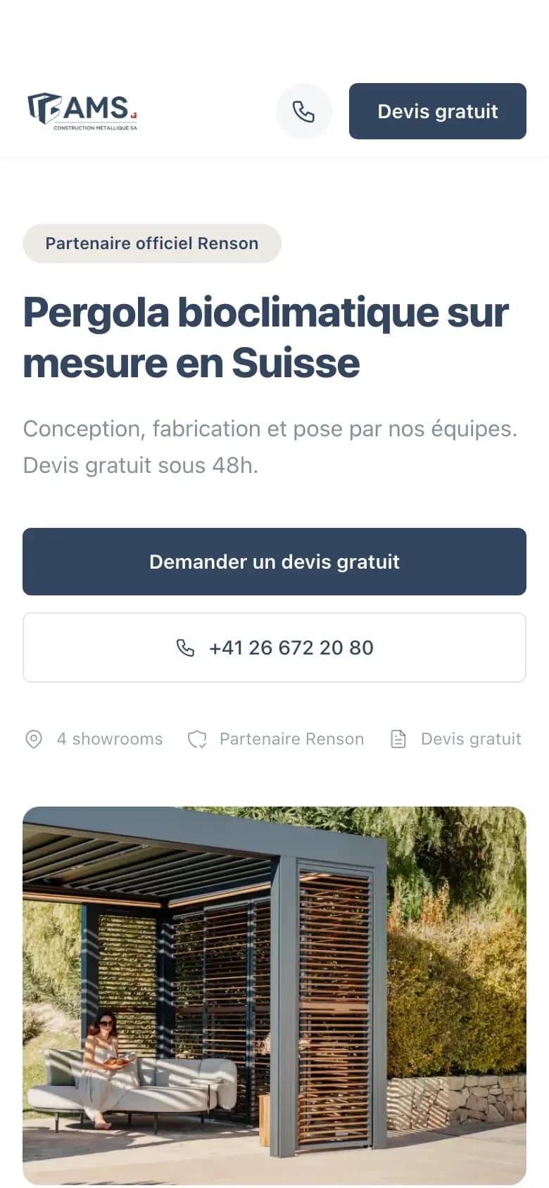 Landing page « pergola bioclimatique » en français, sur téléphone