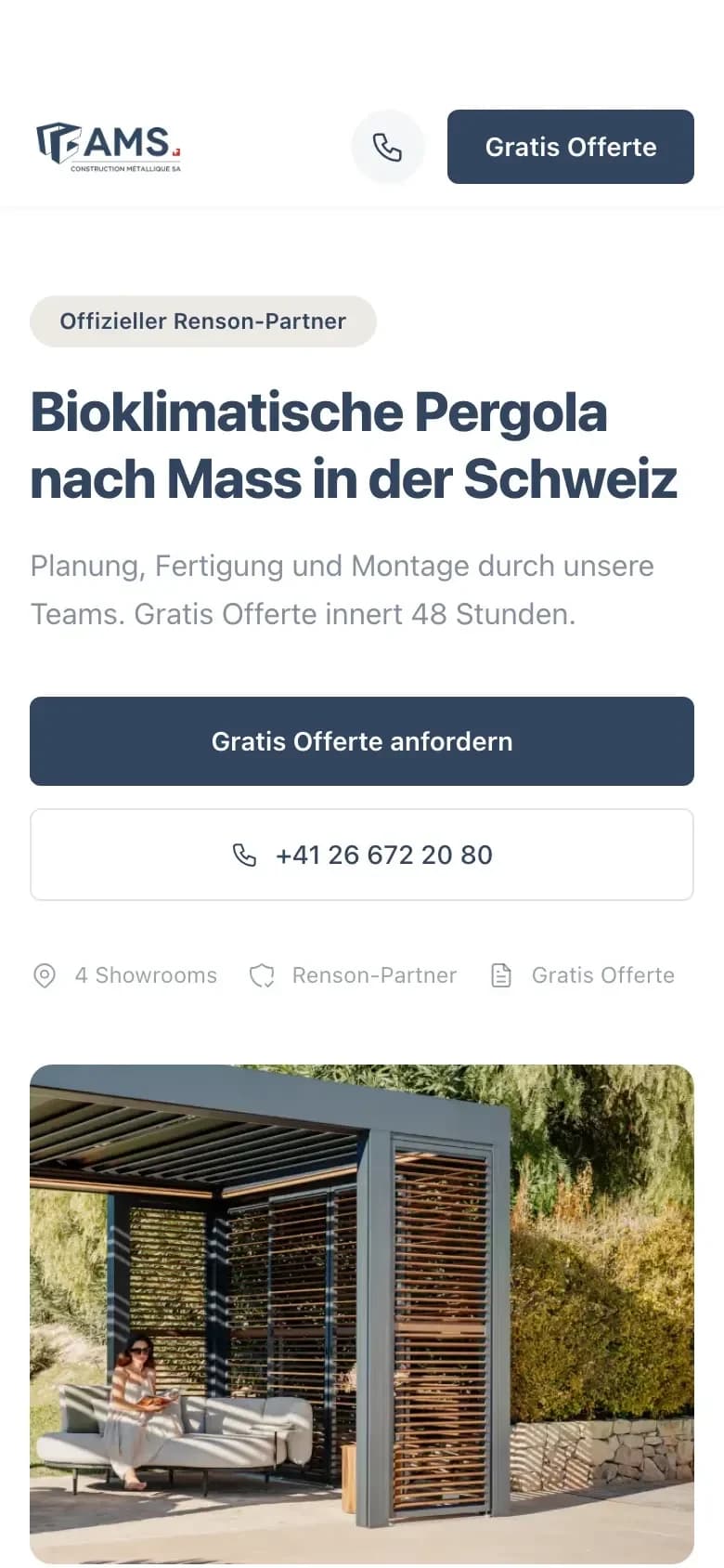 Landing page « bioklimatische Pergola » en allemand, sur téléphone
