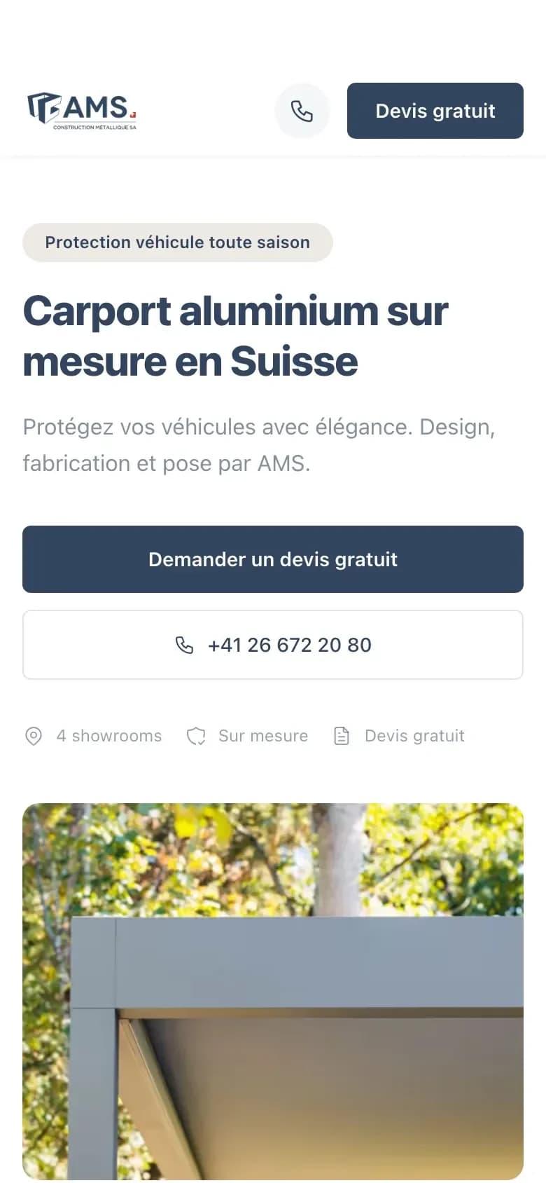 Landing page « carport aluminium » en français, sur téléphone