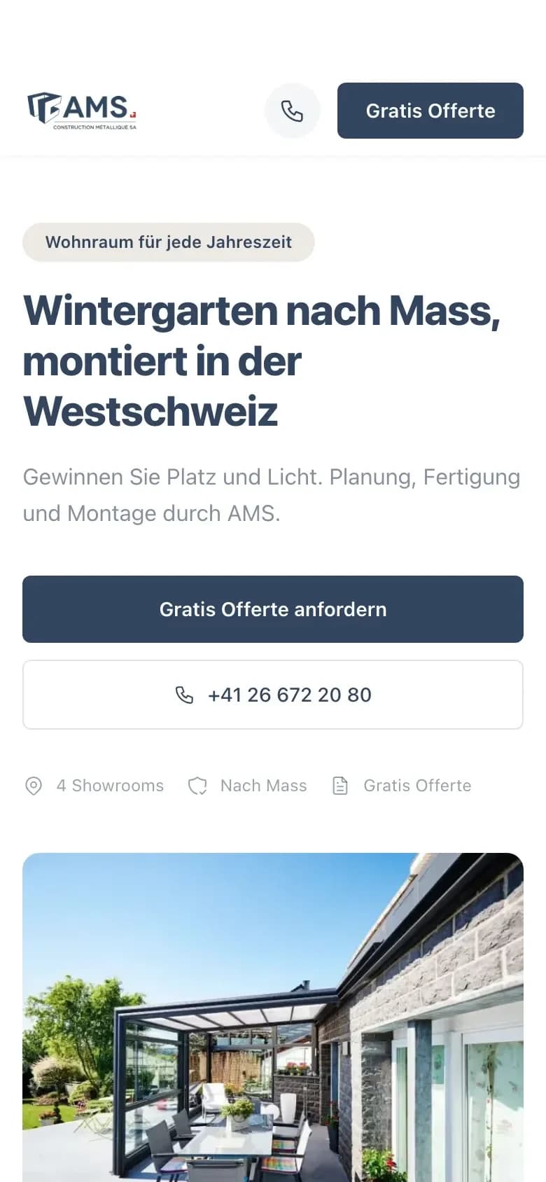 Landing page « Wintergarten nach Mass » en allemand, sur téléphone
