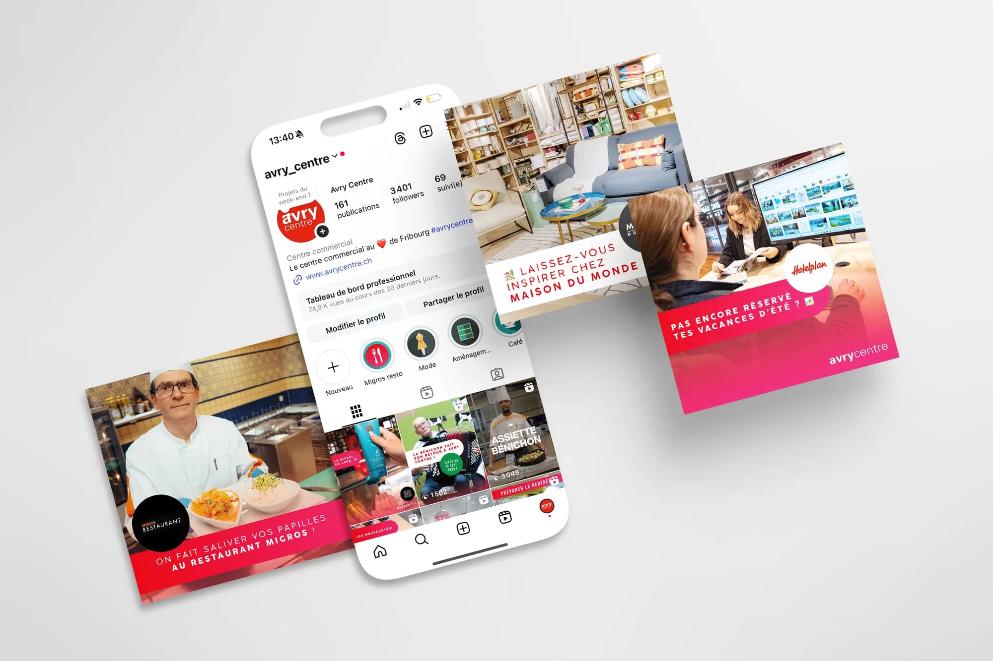 Maquette : le fil Instagram d’Avry Centre sur un téléphone