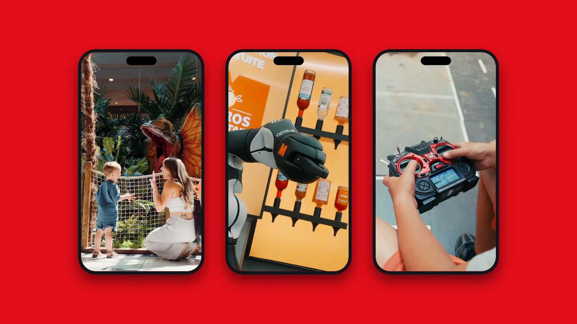 Trois téléphones sur fond rouge présentant des contenus d’Avry Centre : dinosaure, bras robotisé, télécommande
