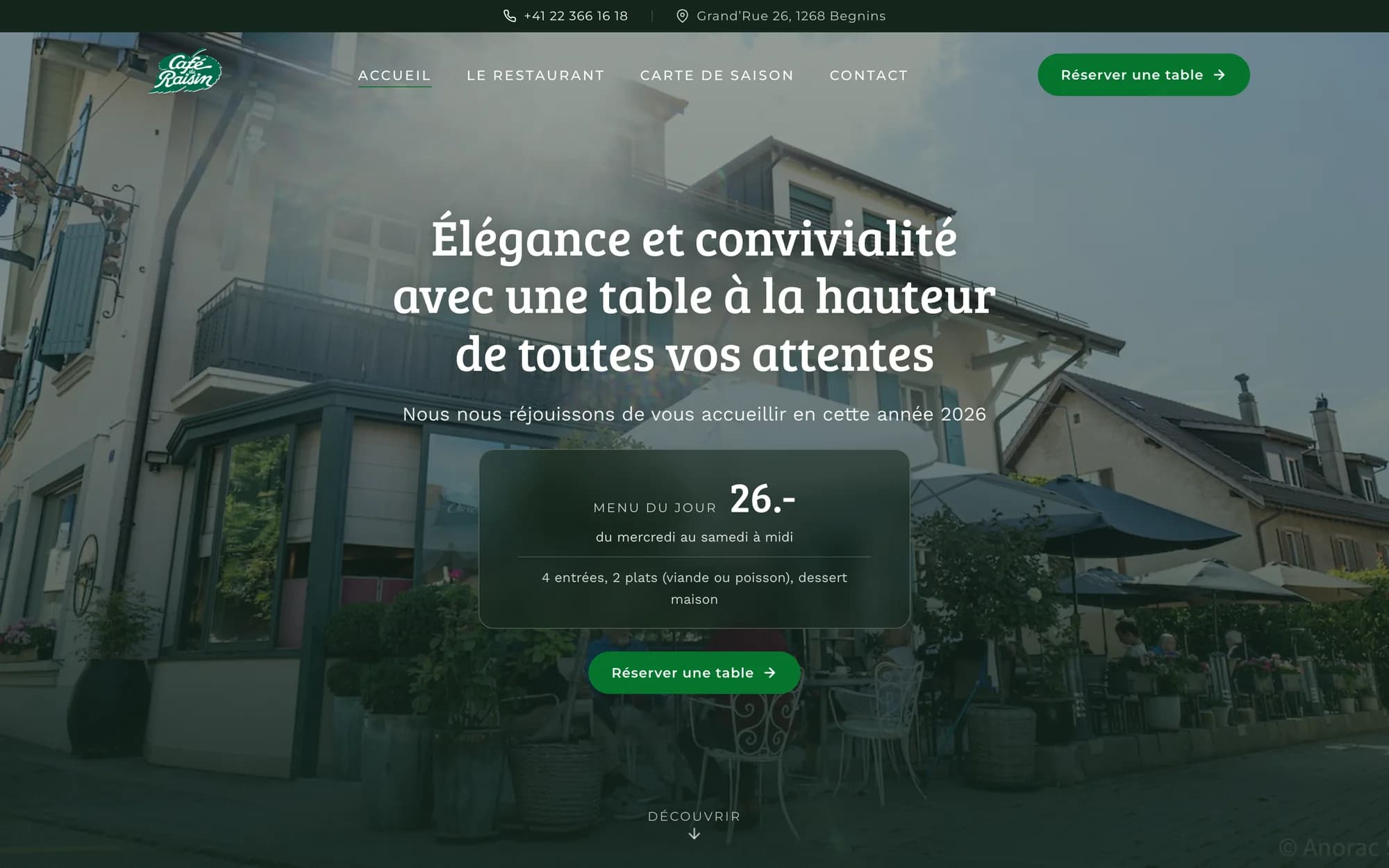 Page d’accueil du site avec le menu du jour