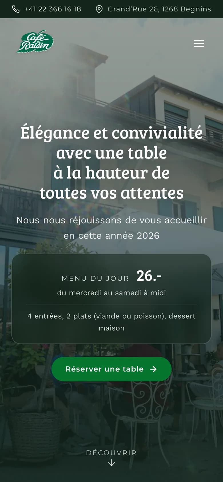 Accueil du site sur mobile avec le menu du jour