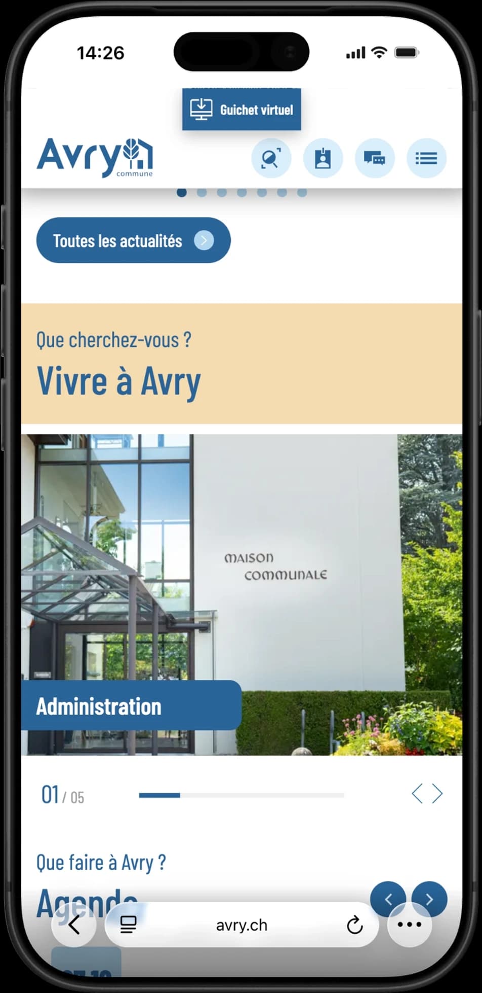 Page d’accueil d’avry.ch sur téléphone