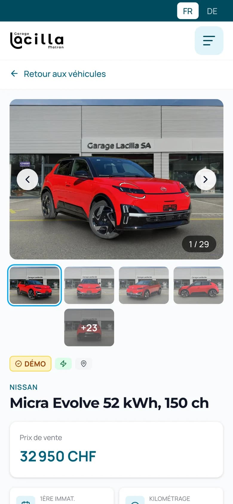 Fiche d’une Nissan Micra en stock, sur téléphone