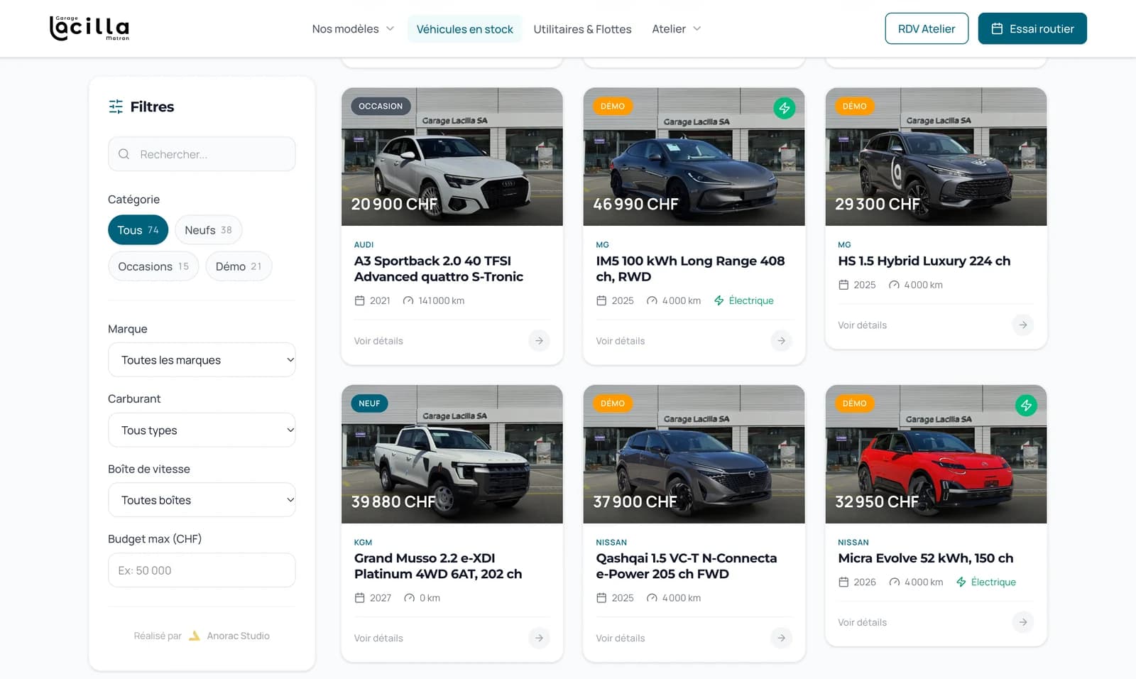 Véhicules en stock sur garagelacilla.ch, synchronisés depuis Auto-i
