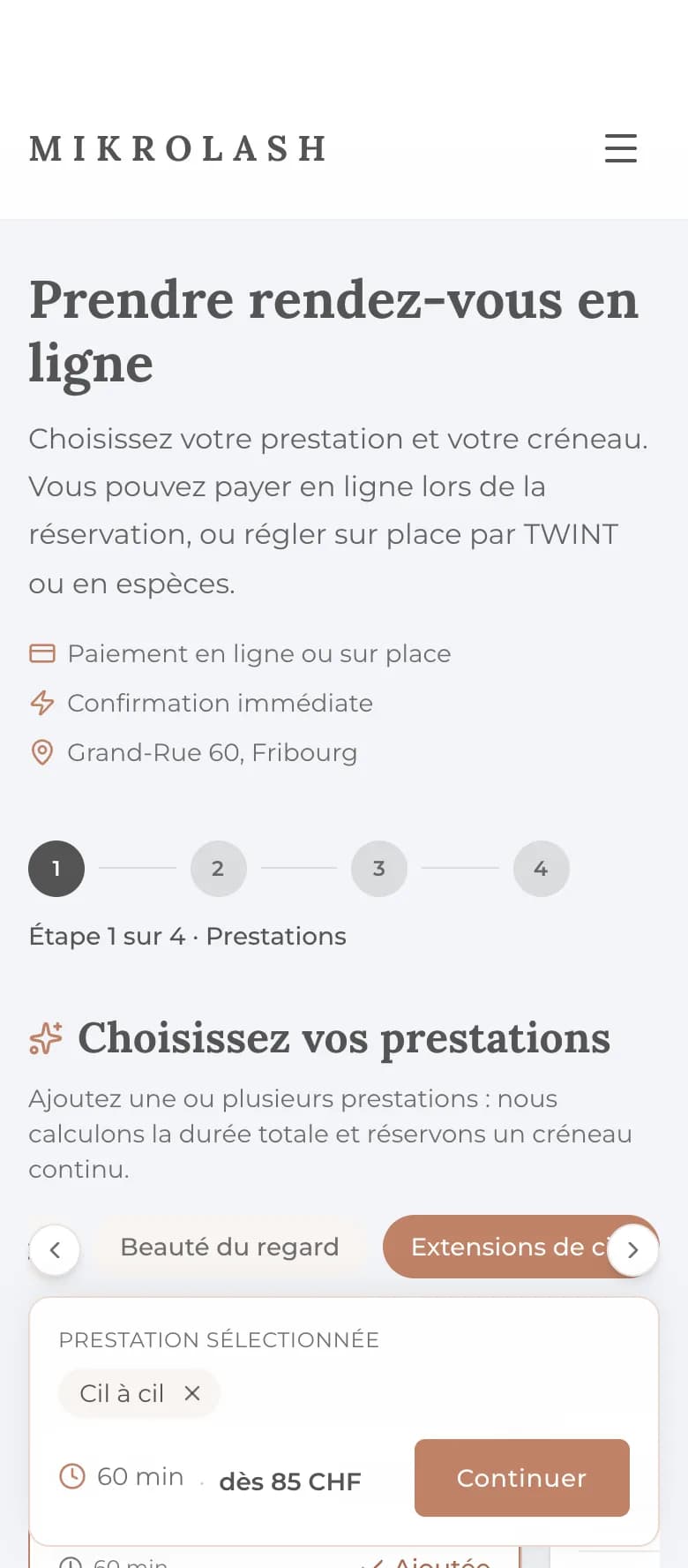 Choix des prestations sur téléphone, première étape de la réservation