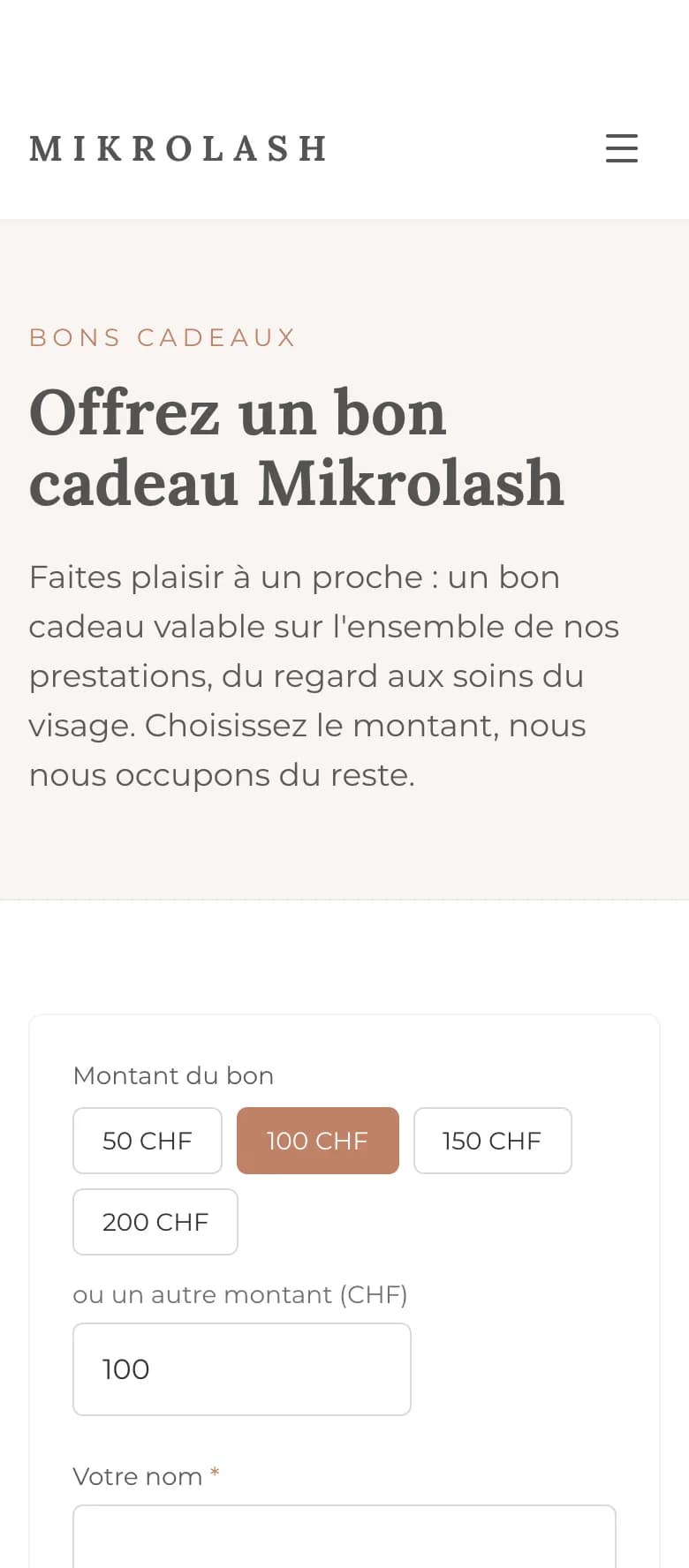 Achat d’un bon cadeau Mikrolash sur téléphone