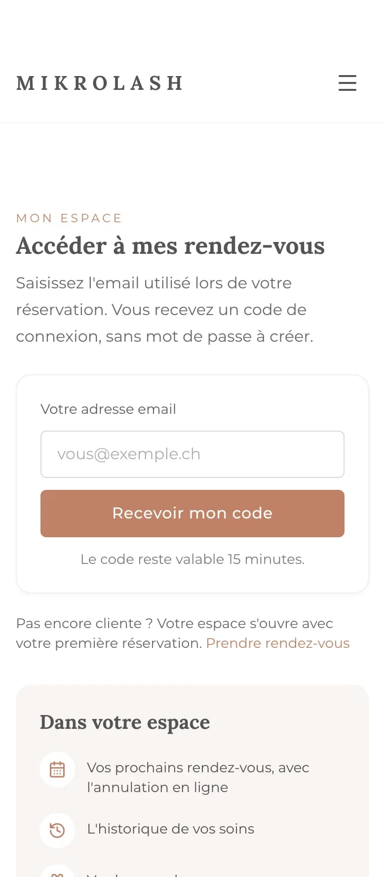 Connexion à l’espace cliente par un code reçu par email