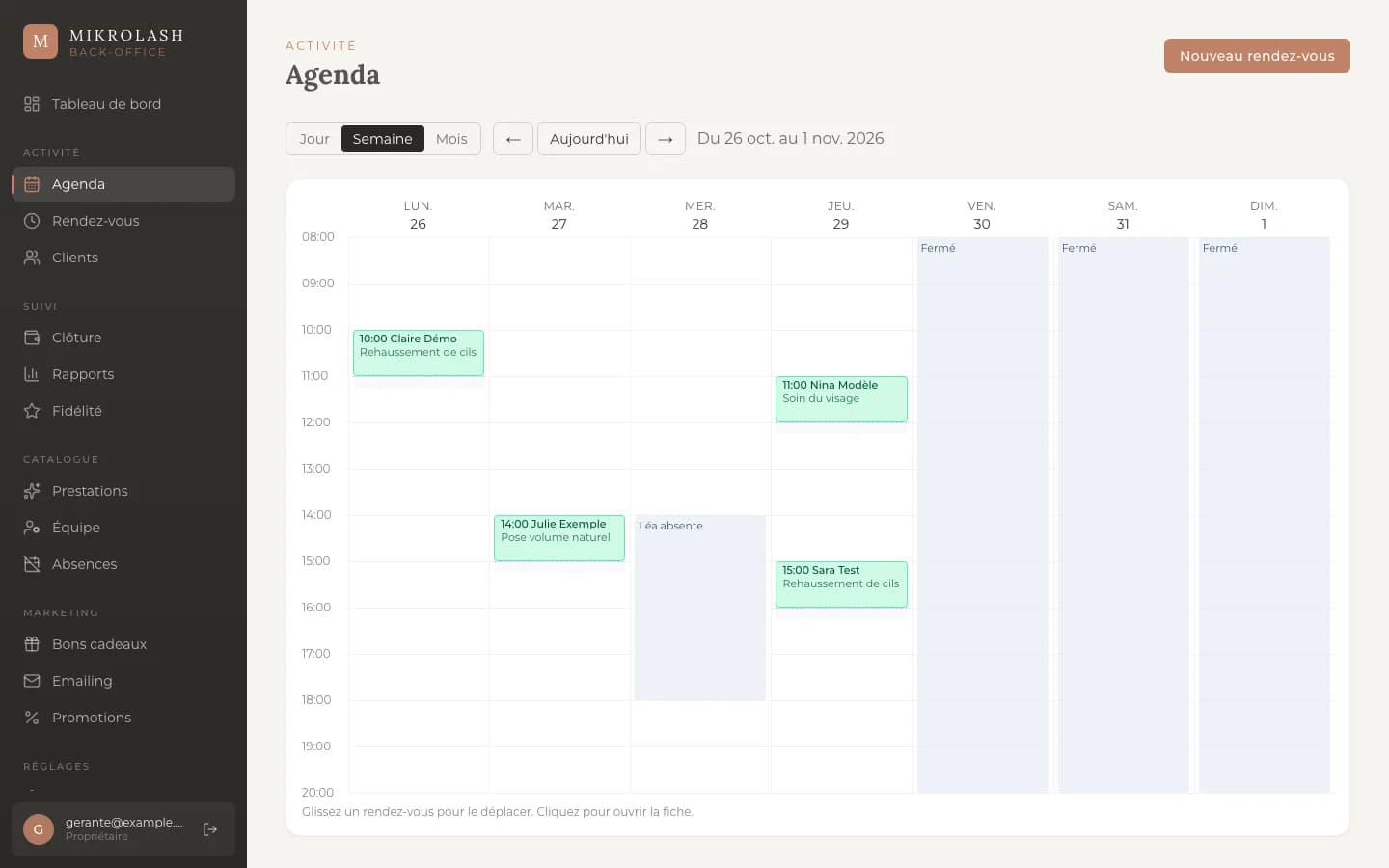 Agenda de la semaine dans le back-office de Mikrolash, avec des rendez-vous fictifs