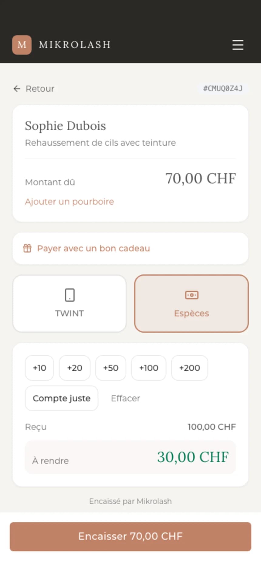 Caisse du back-office sur téléphone, encaissement en espèces d’un rendez-vous fictif