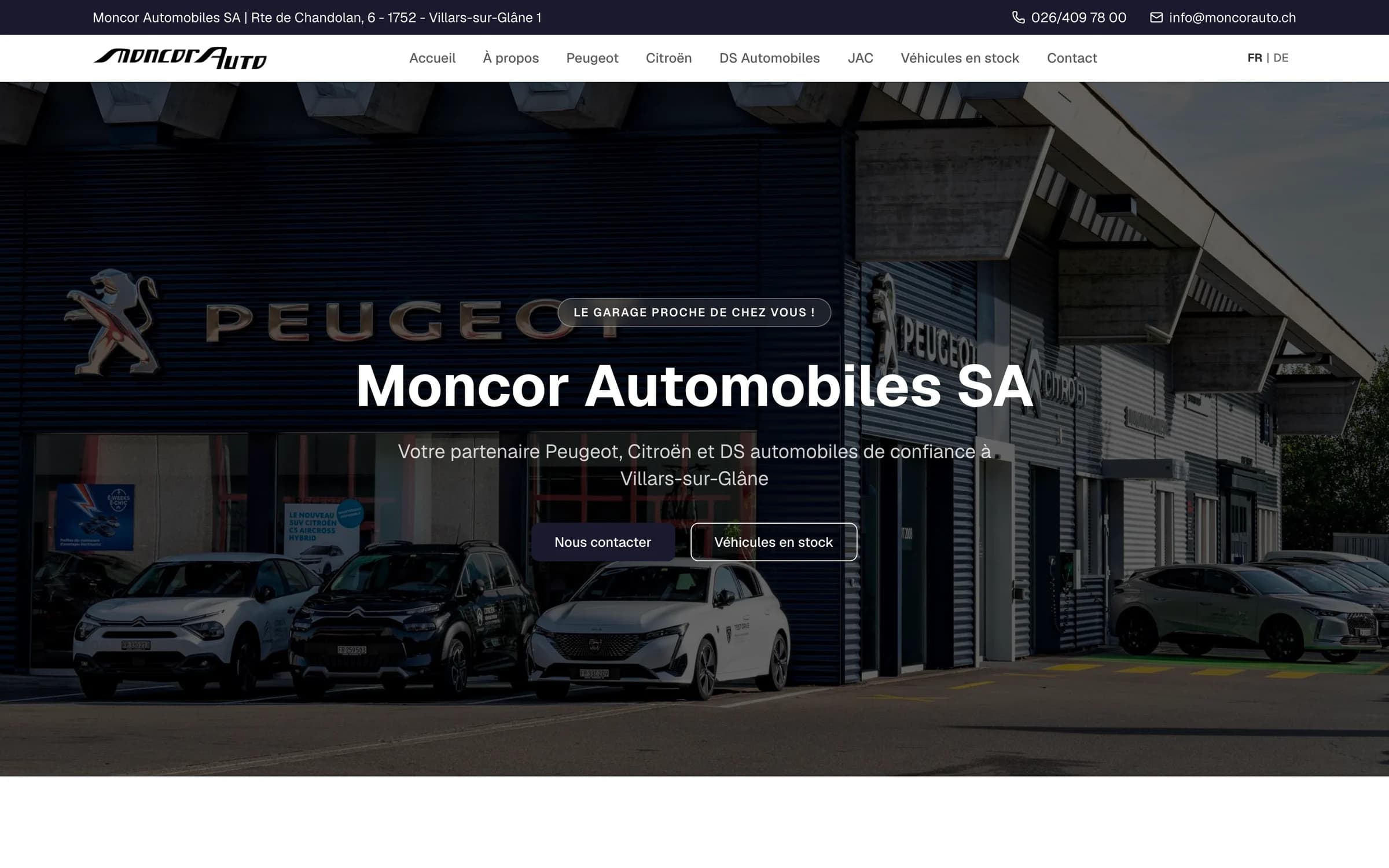 Page d’accueil de moncorauto.ch avec la façade du garage