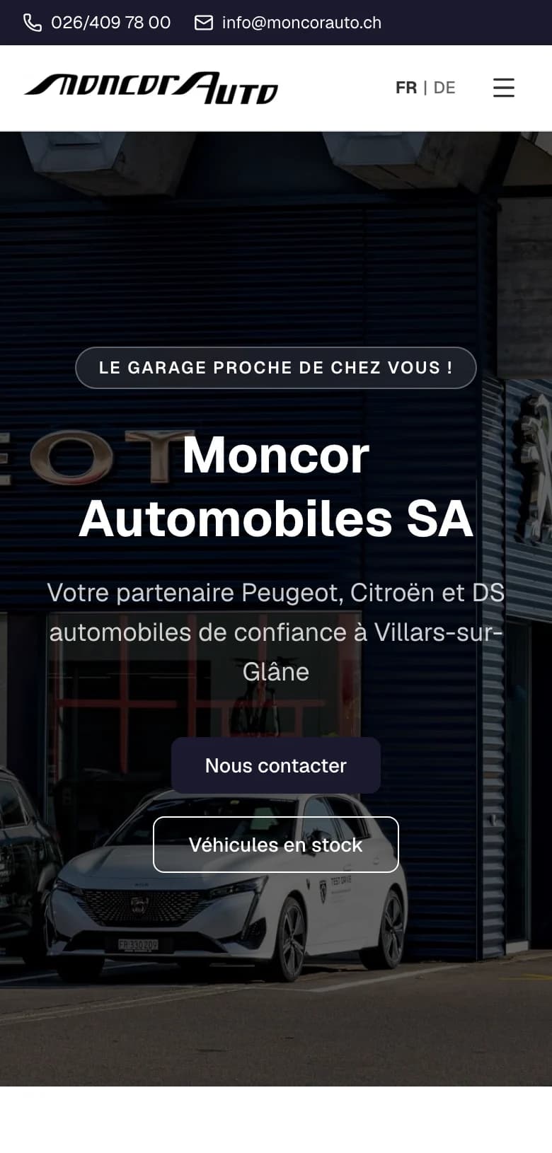 Page d’accueil de moncorauto.ch sur téléphone