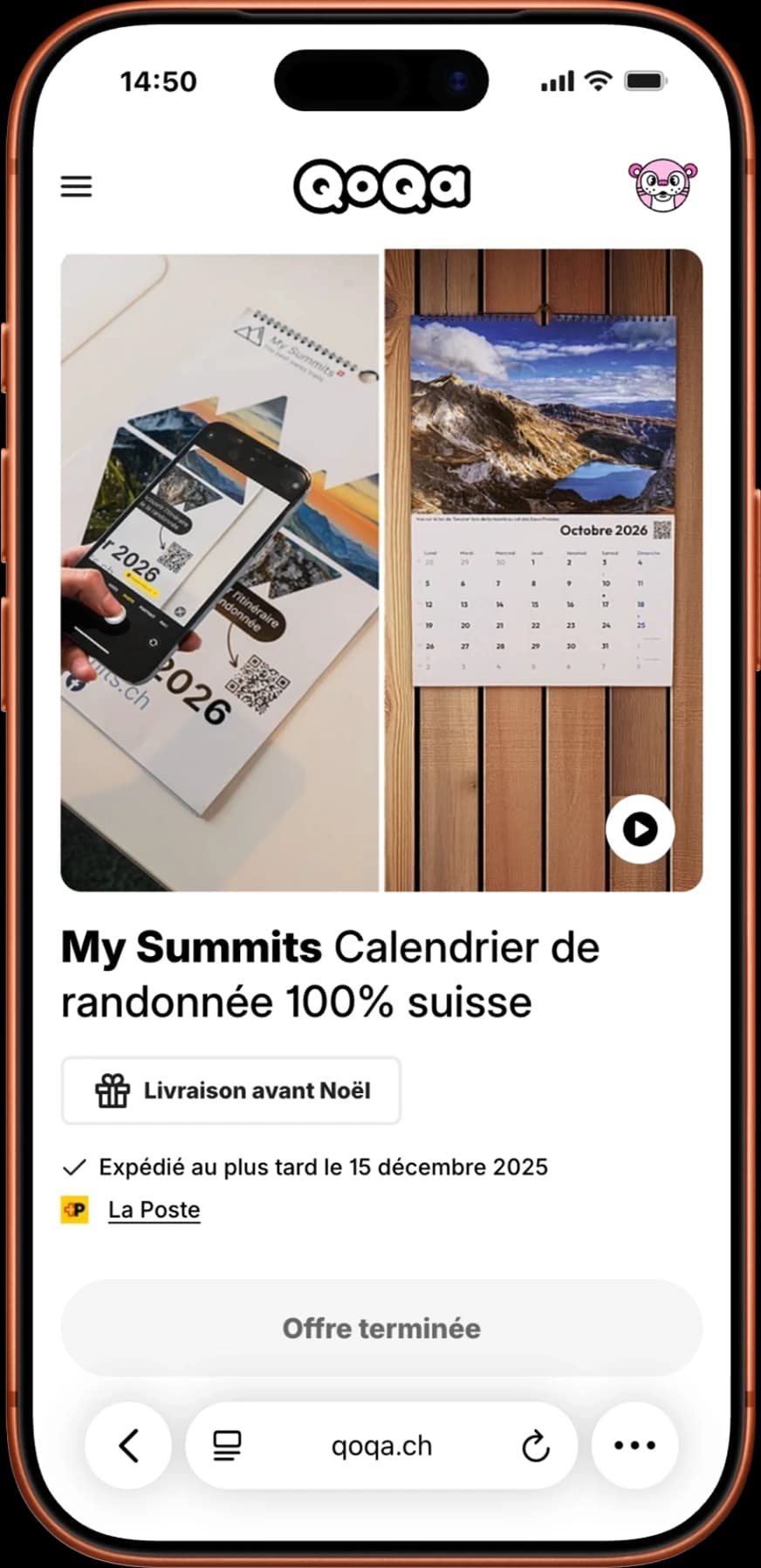 L’offre QoQa du calendrier My Summits 2026 sur téléphone