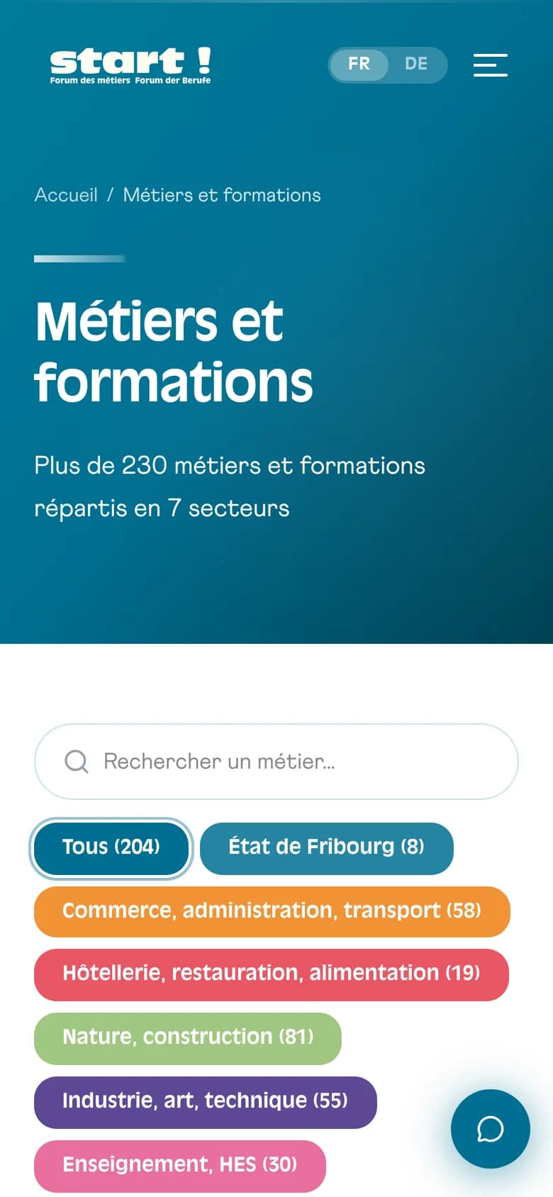 Métiers et formations classés par secteur, sur téléphone