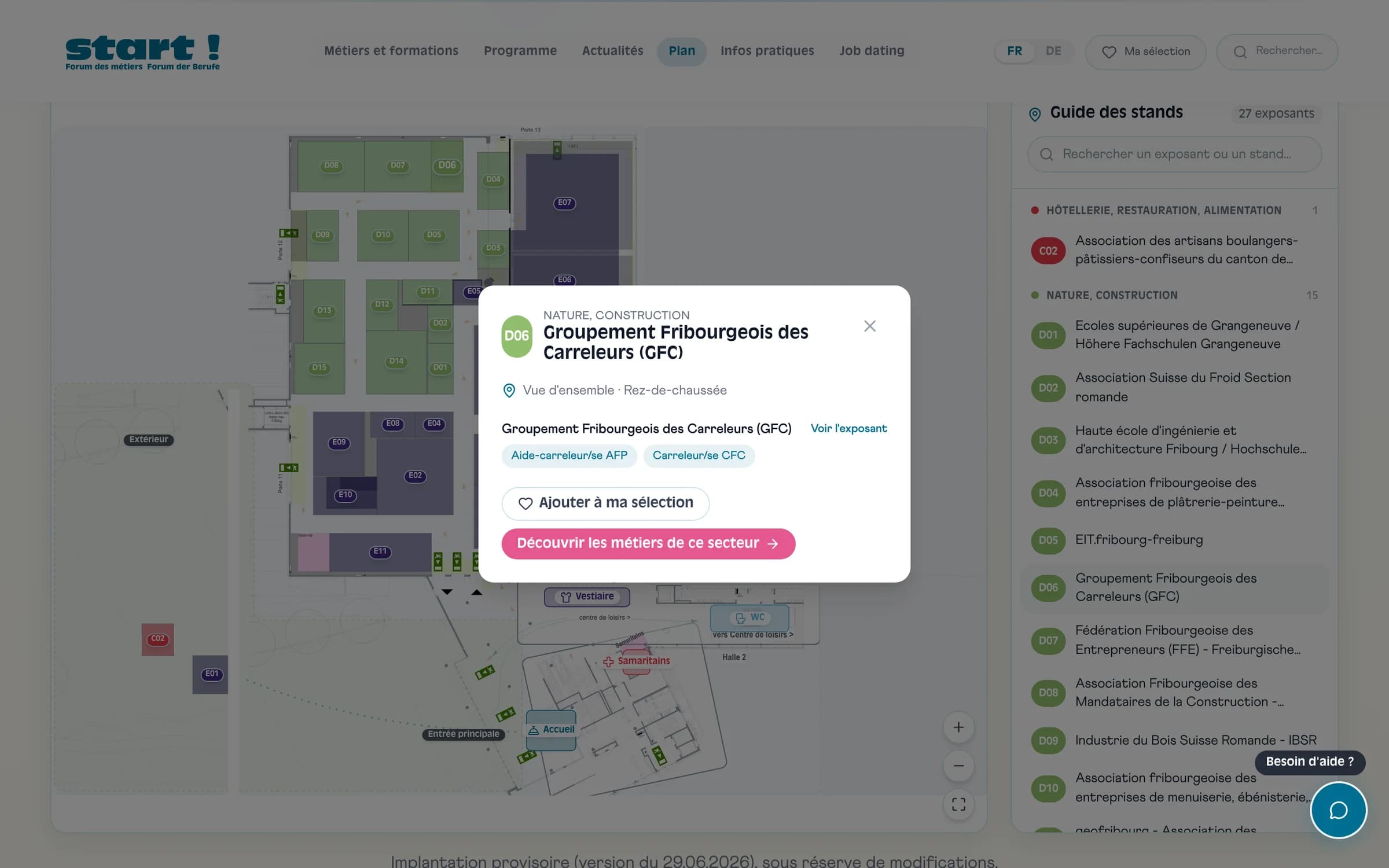 Plan interactif de la halle 1, fiche du stand D06 ouverte