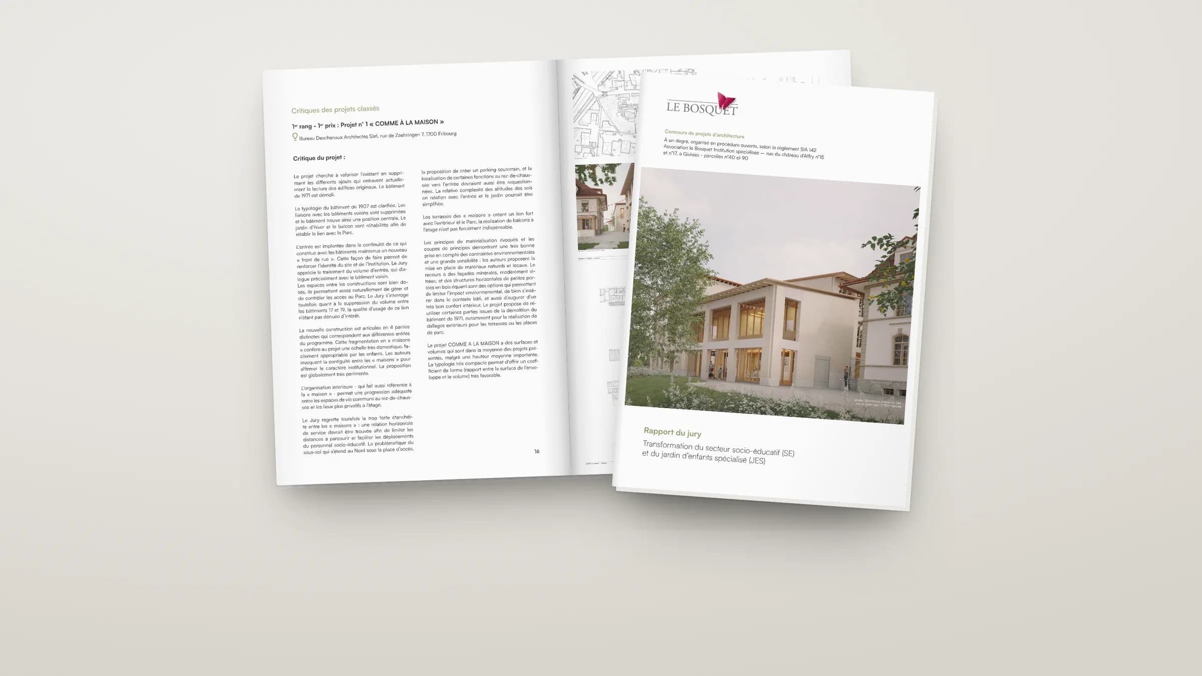 Couverture et double page ouverte du rapport du jury « Le Bosquet » pour Tekhne