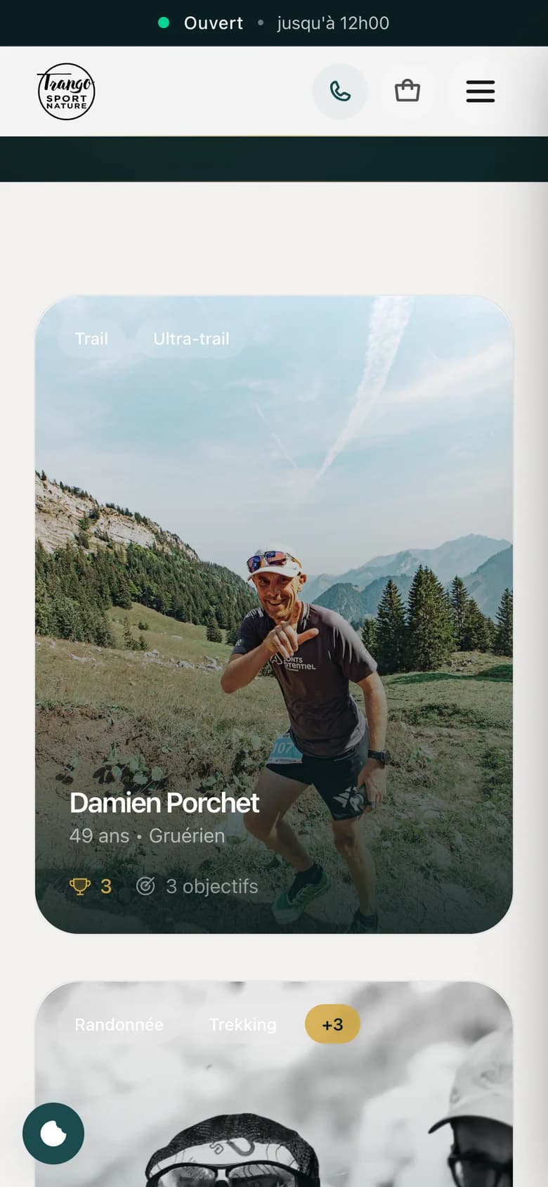 Fiche d’un ambassadeur sur trangosport.ch, sur téléphone