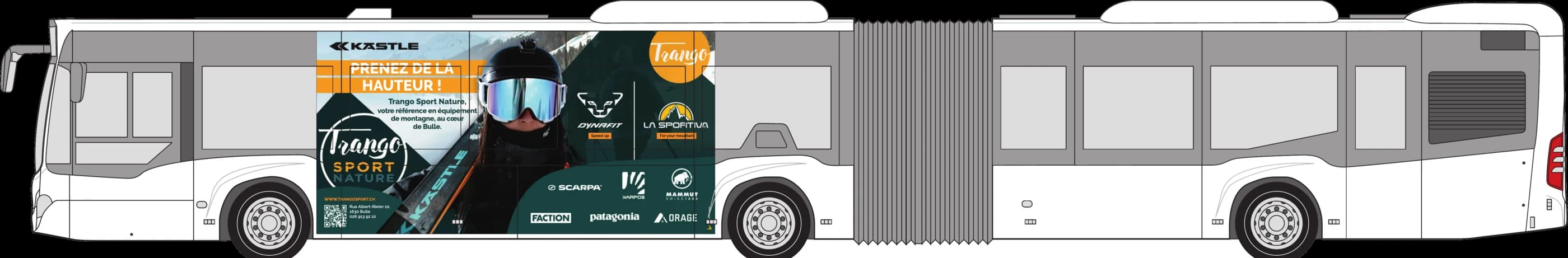 Maquette du bus articulé TPF habillé aux couleurs de Trango