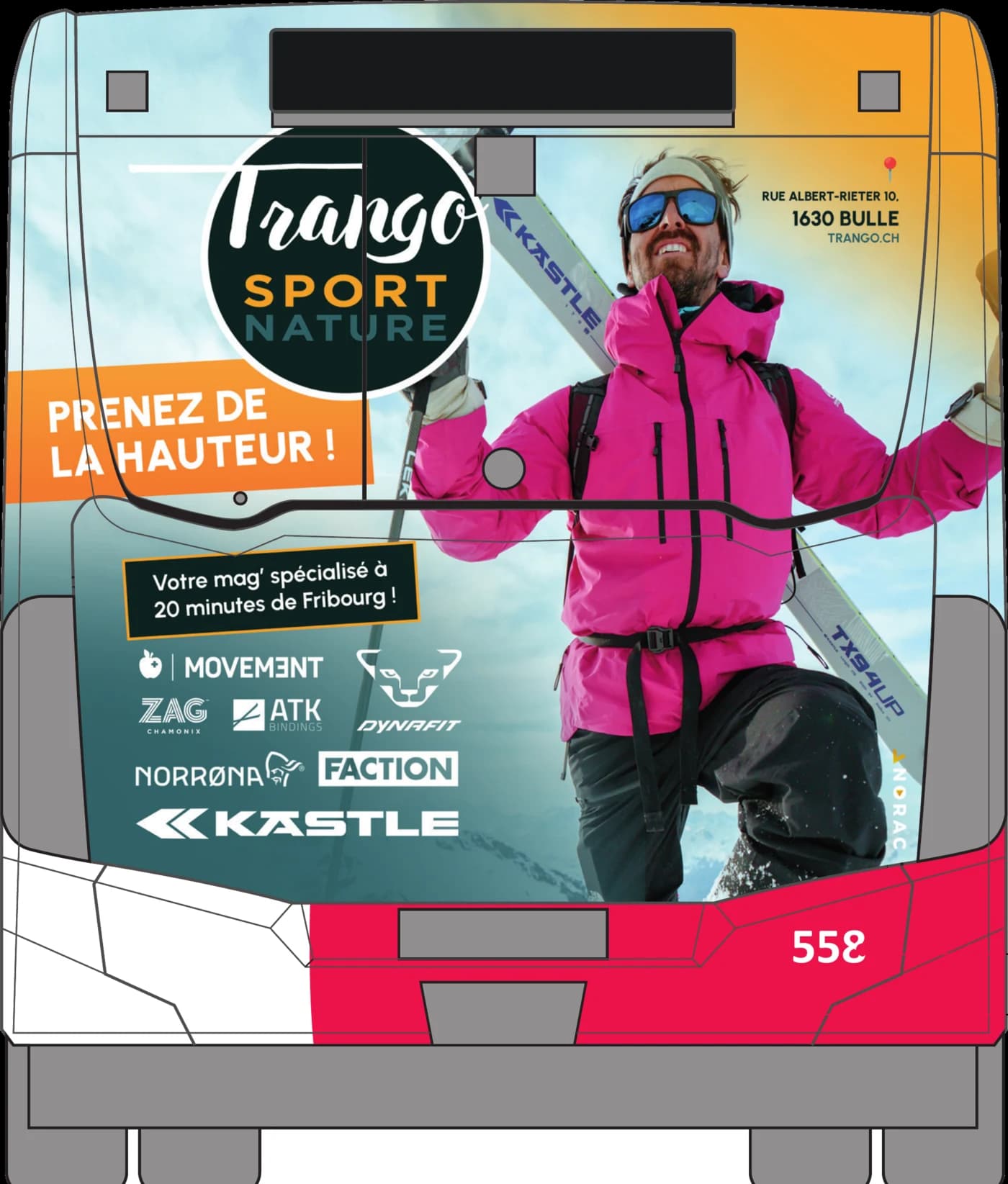 Maquette de l’arrière d’un bus TPF habillé aux couleurs de Trango