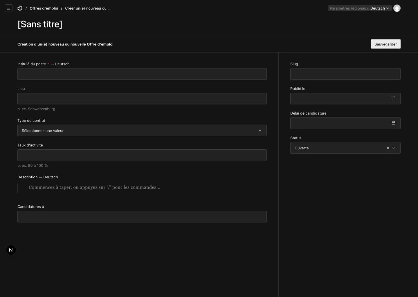 Création d’une offre d’emploi dans l’administration du site